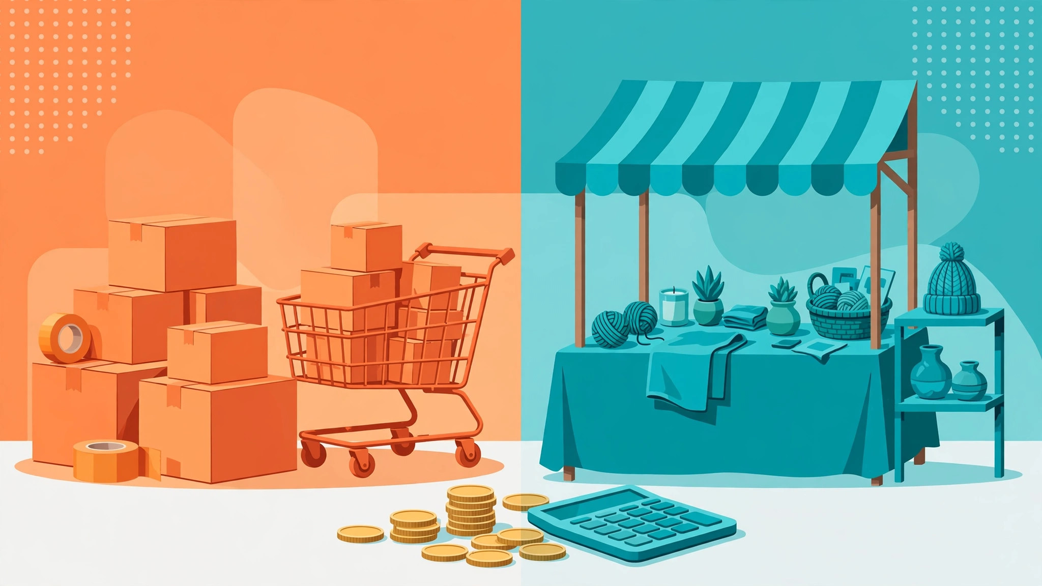 Illustration comparing Amazon FBA and Etsy seller fees with parcels, shopping cart and coins