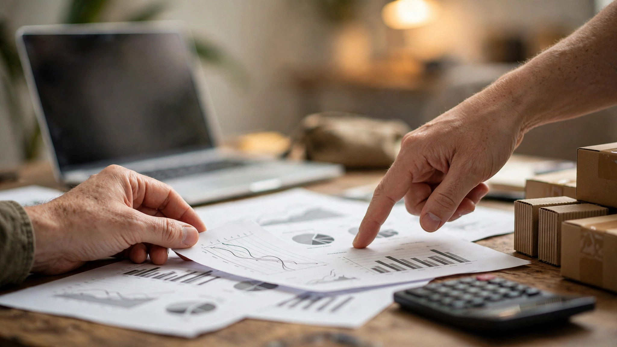 Seller reviewing profit margin charts and financial documents on a desk