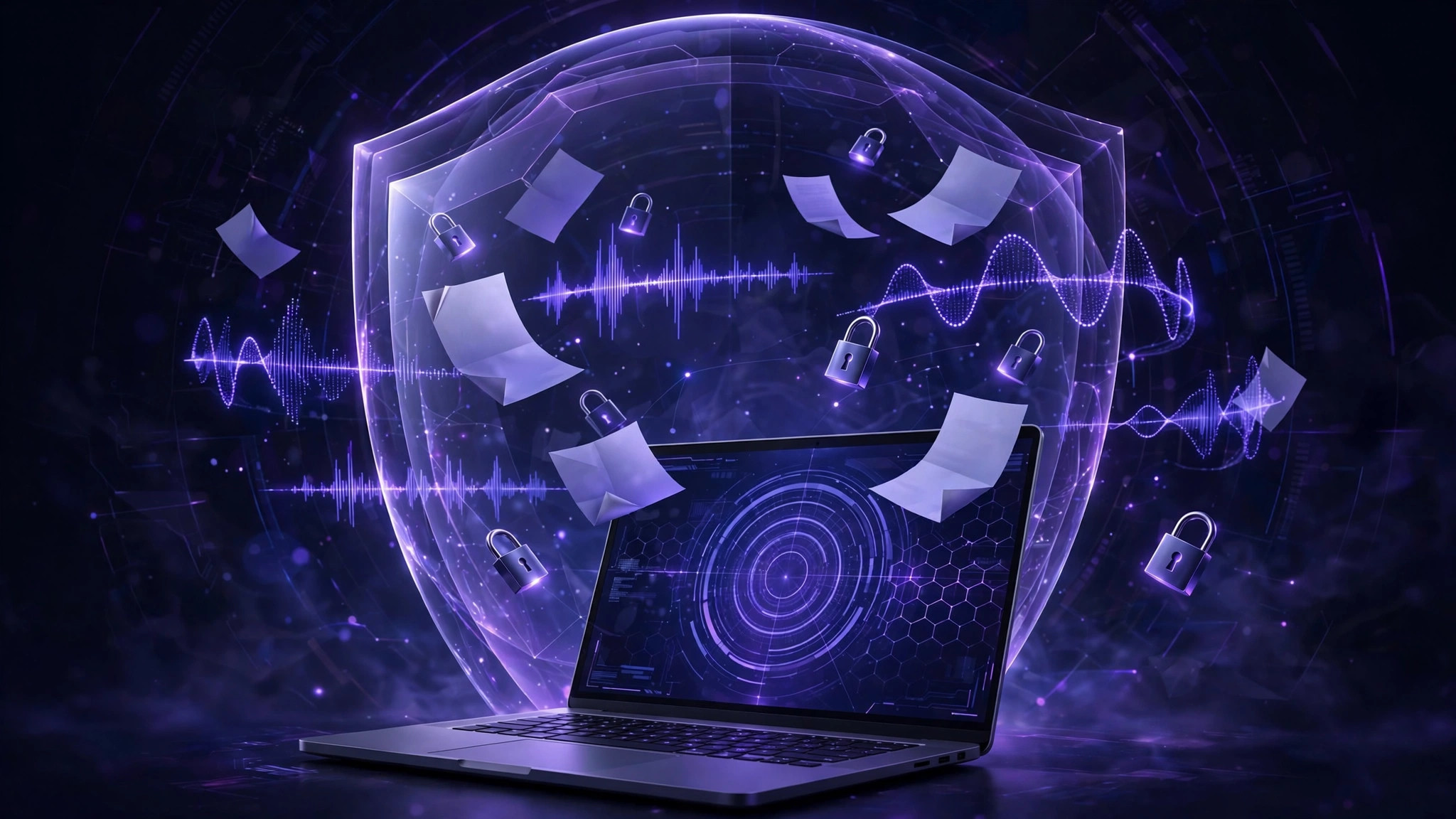 Laptop protected by a glowing shield with audio waveforms and documents