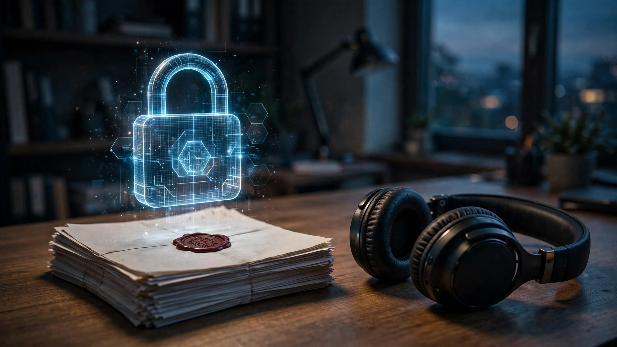 Headphones beside sealed confidential documents with a digital padlock