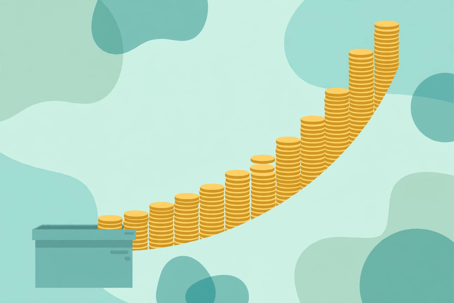 Upward curving growth chart with stacked coins showing compounding returns