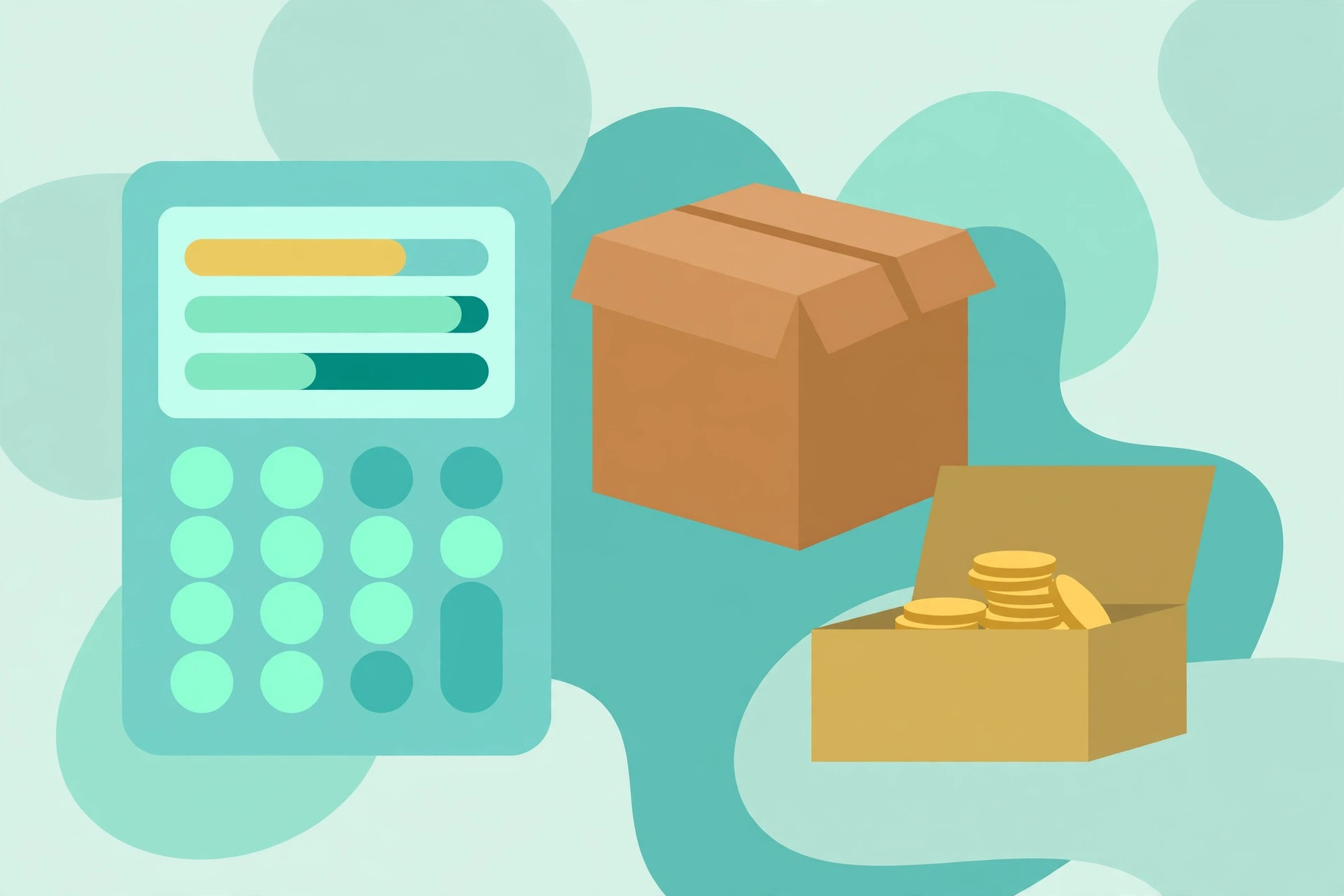 Calculator showing an eBay fee breakdown next to a sealed parcel box