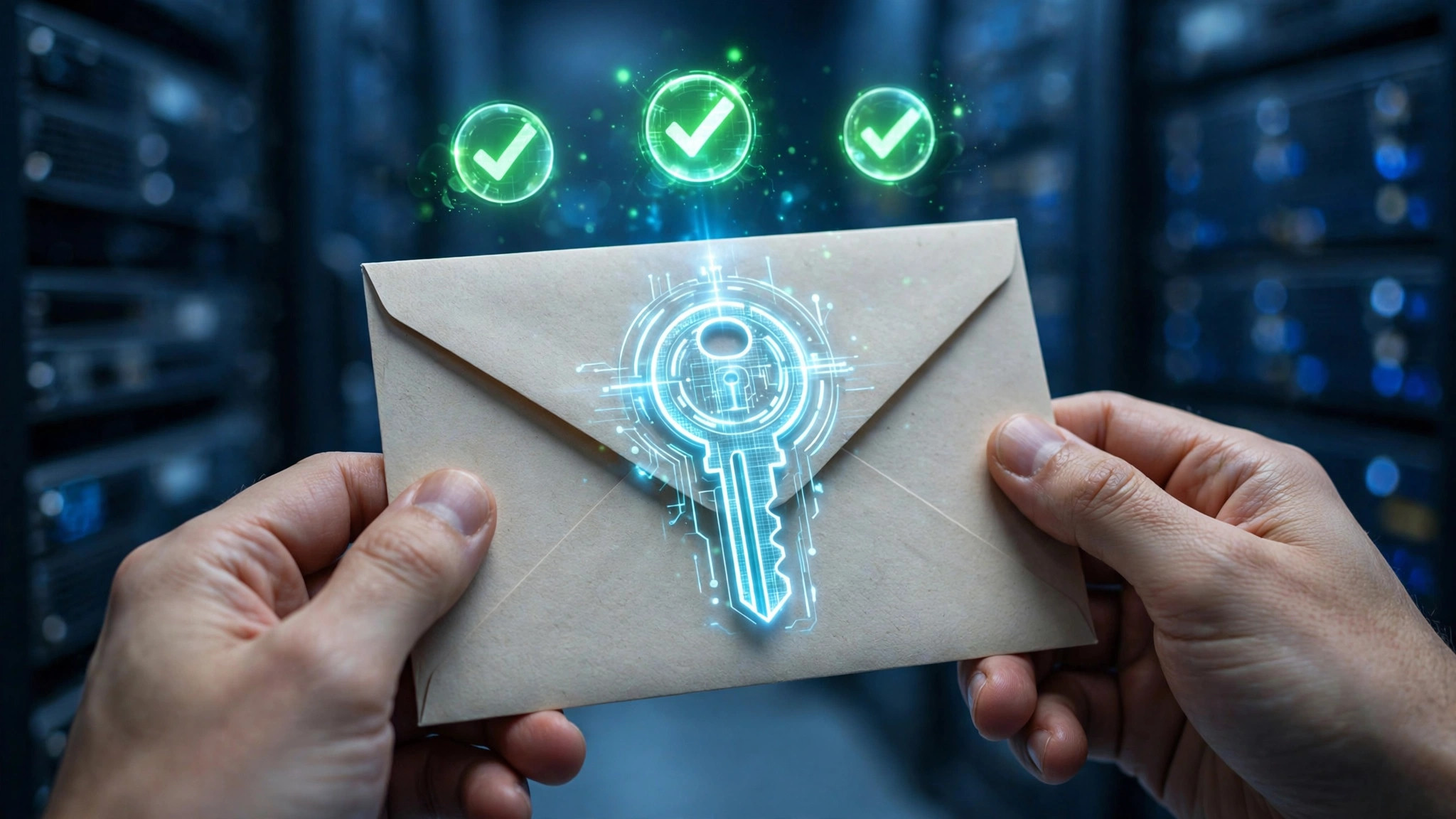 Envelope sealed with a digital key and verification checkmarks