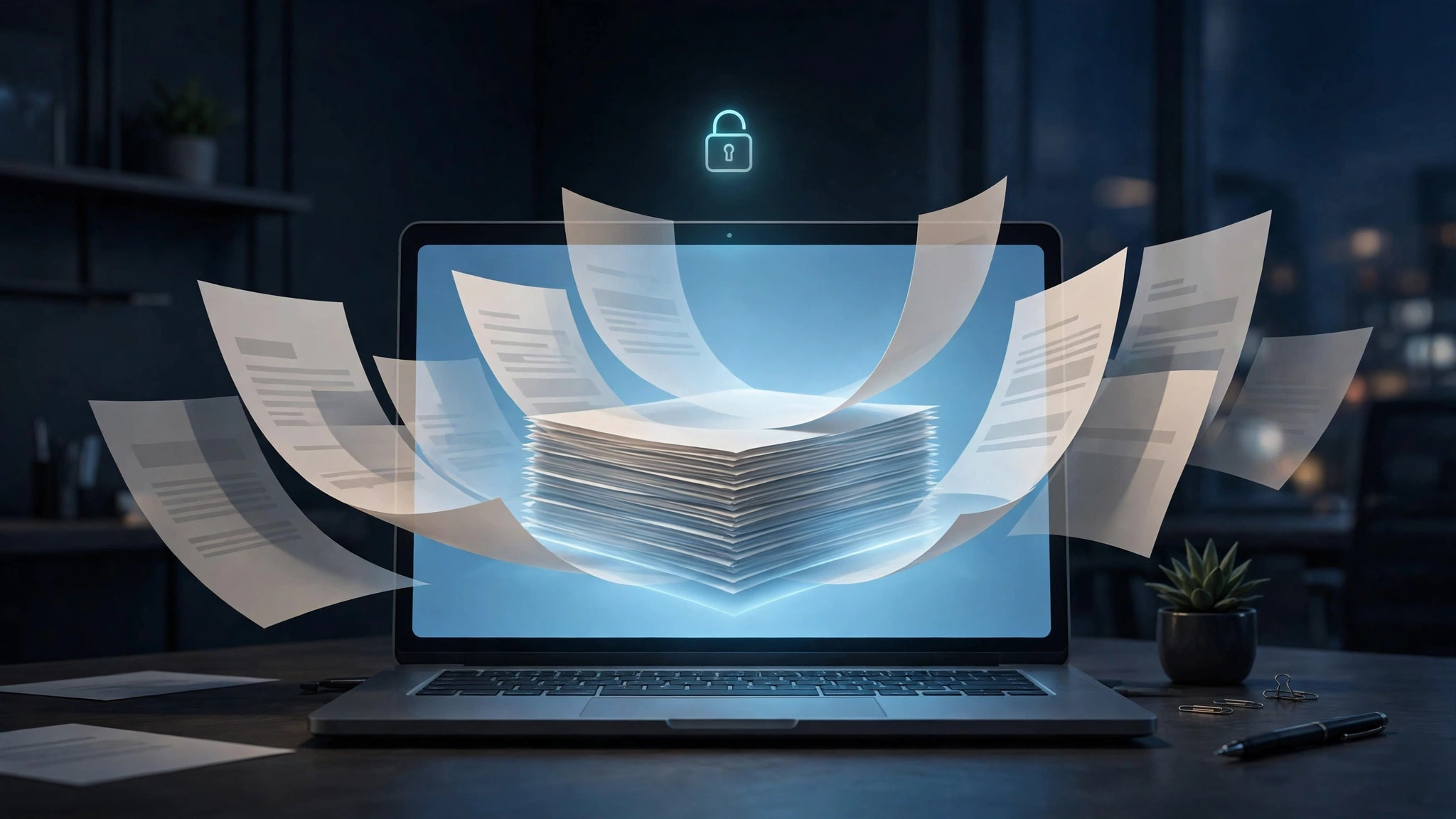 Document pages merging into one stack on a laptop screen with a lock icon