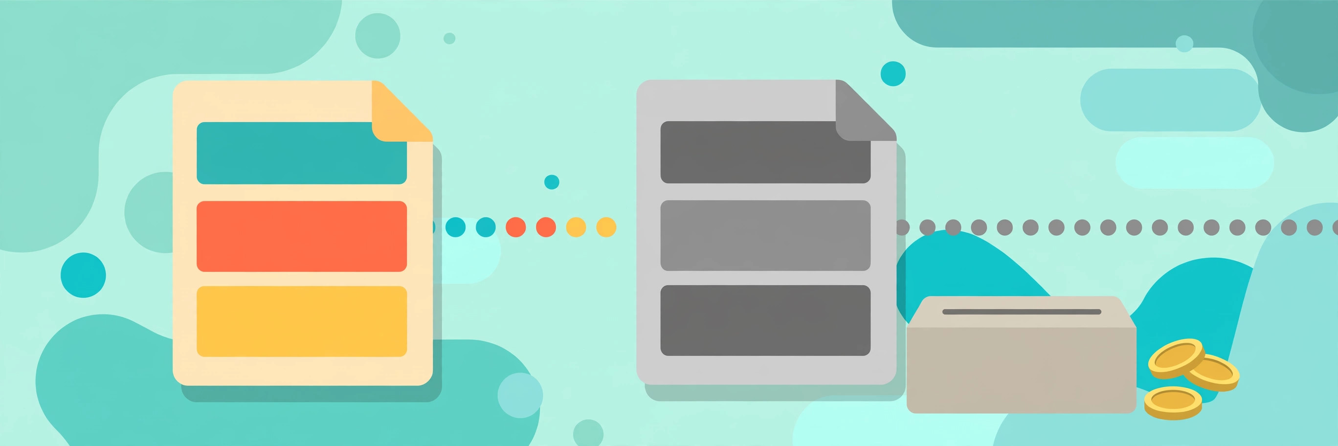 A colorful document page transforming into grayscale black and white