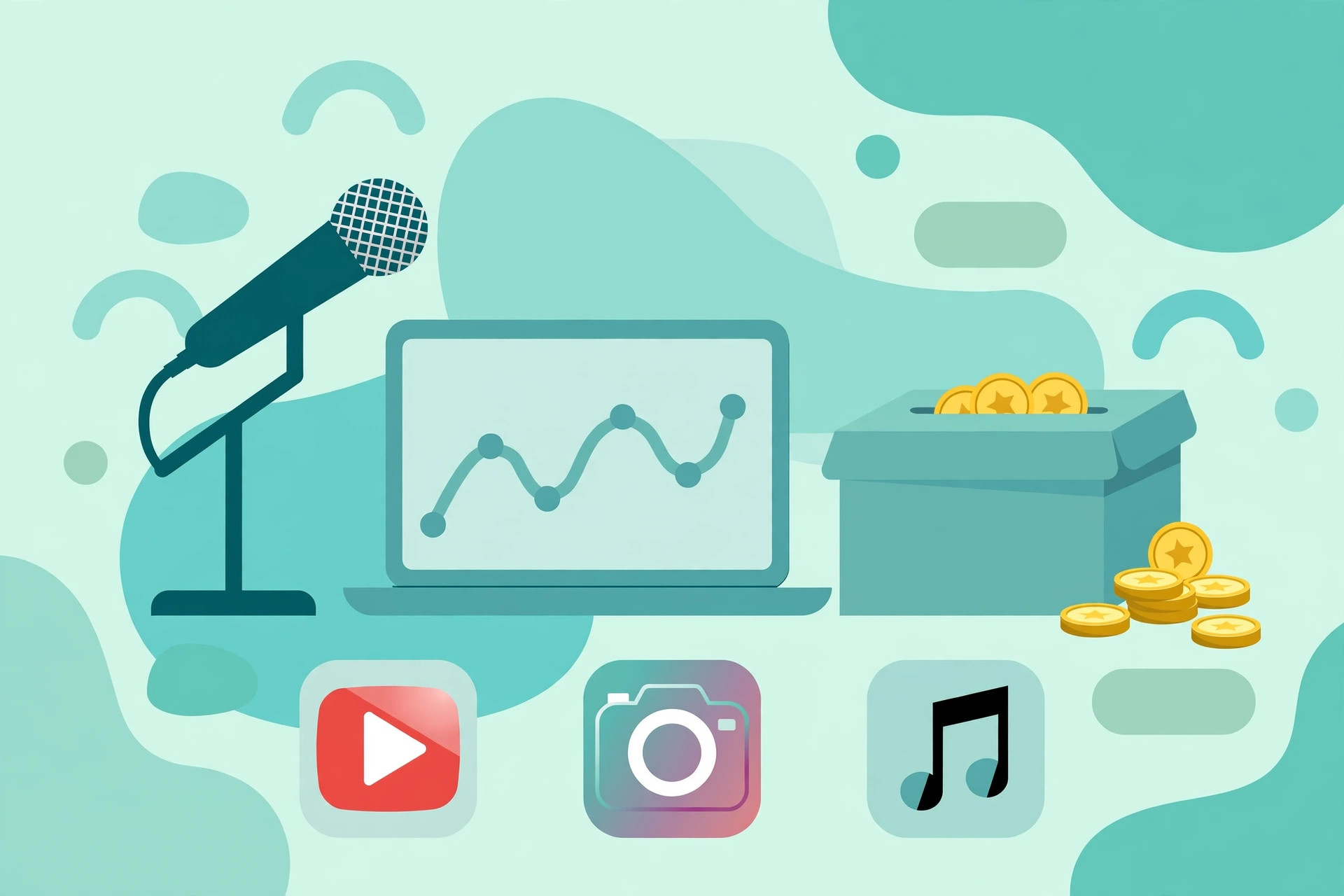 A content creator with a microphone and brand logos
