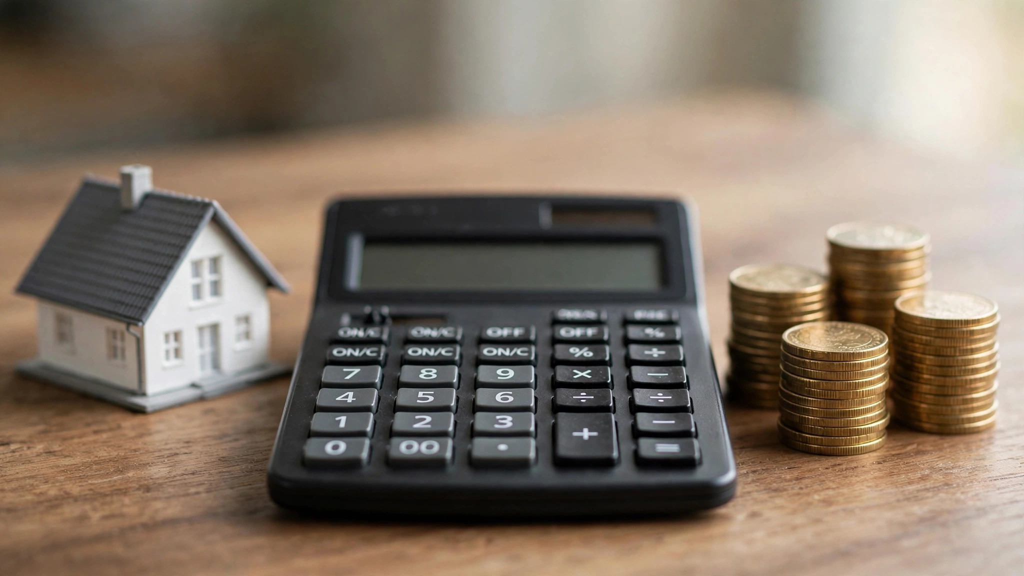 Small house model next to a calculator and stacked coins on a desk