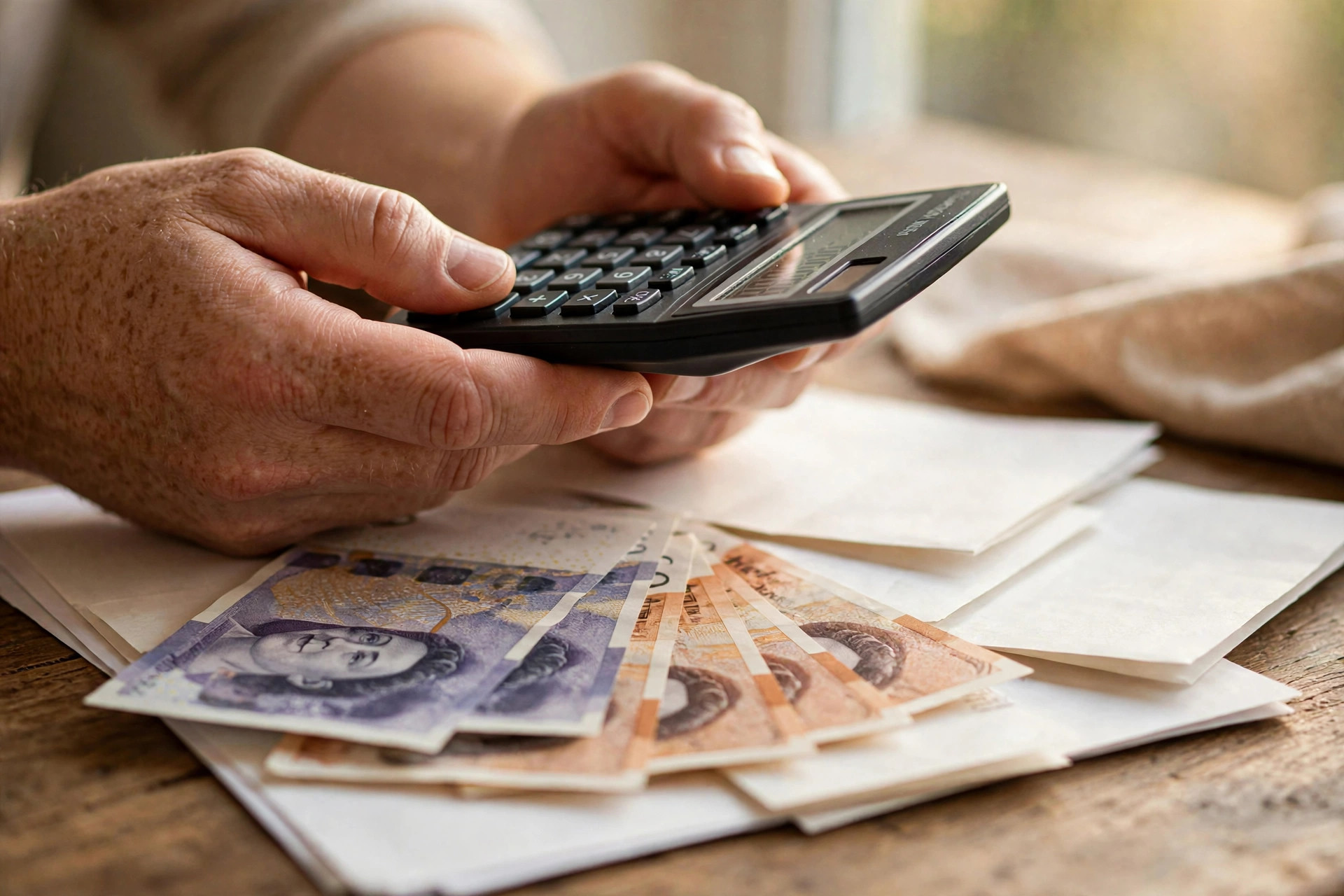 Calculator over pound notes and employment documents