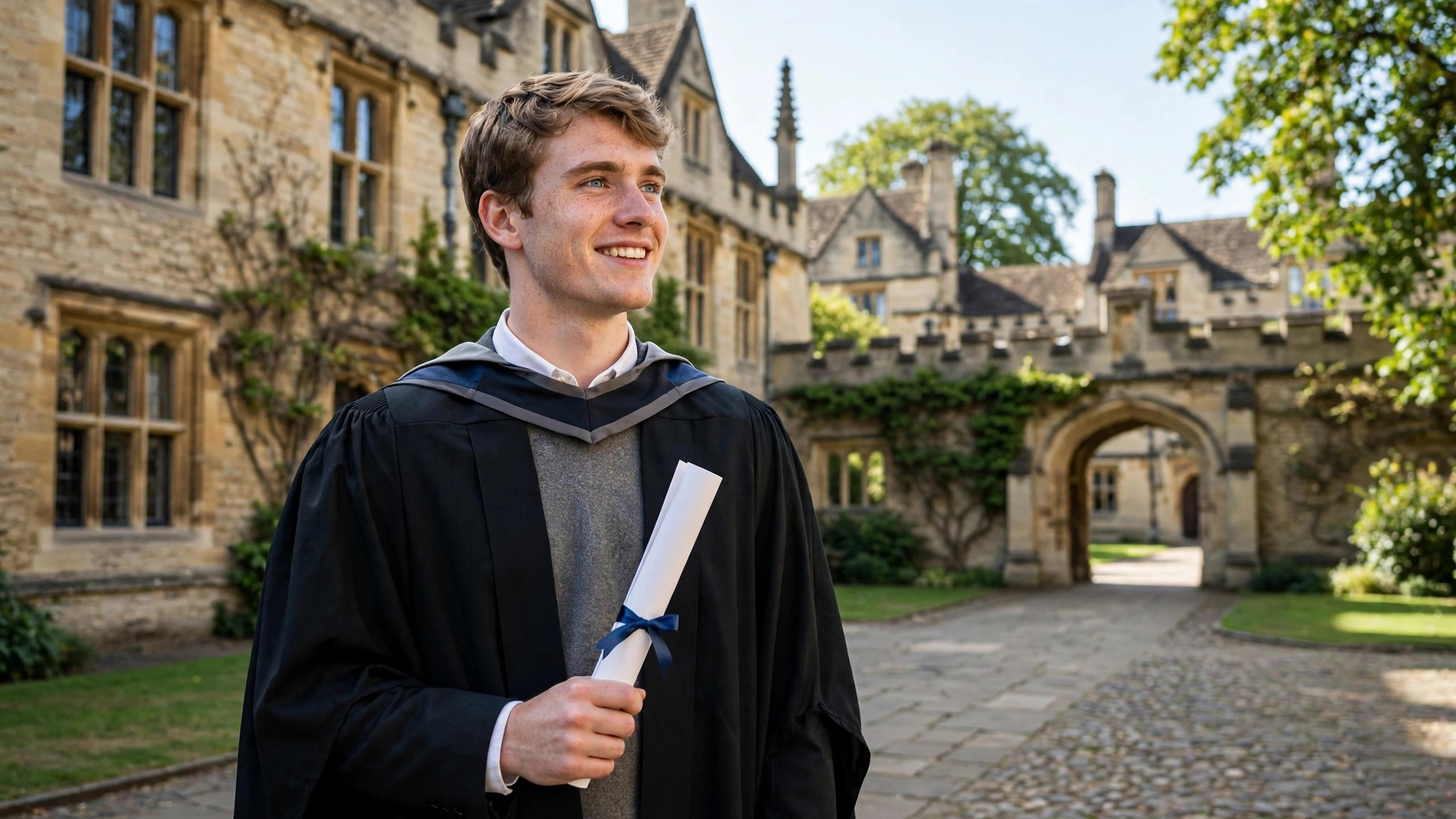 UK university graduate holding a diploma on campus